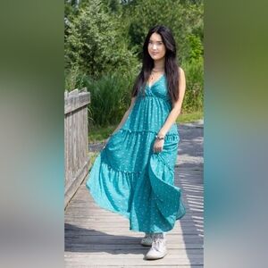 CHICME size M Tiered Ruffled Maxi Dress Bohemian Style Spaghetti Strap Teal Blue